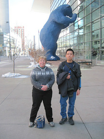 Deb and Pascal with the Blue Bear