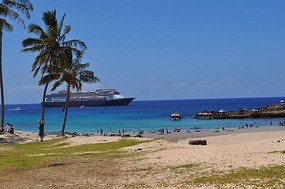 The Amsterdam at anchor and the makeshift pier