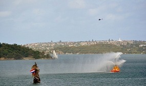 Spectacular sail-away scene, with helicopter