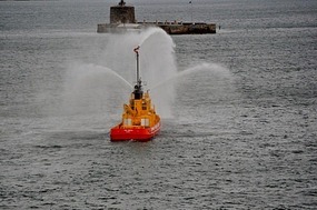 The fireboat joins the sail-away celebration