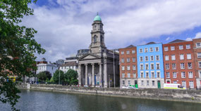 A church amongst the riverside buildings