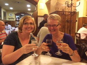 Therese and Gillian sipping water and wine!