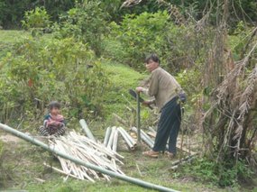 Bana Village lady cutting bamboo