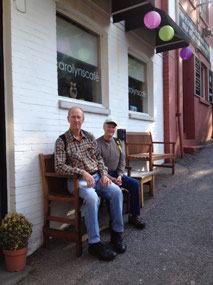 Slanted bench outside Carolyn's cafe