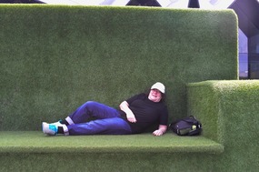 Melissa on a topiary outside Riverside Museum