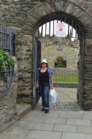 Arched entry to church with Melissa