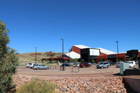 View of the Red Earth Art Centre with hills behind