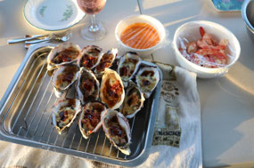Oysters Kilpatrick & Prawns for nibbles