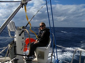 Donna at helm during ocean passage
