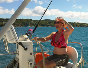 Joan at the helm in E Gregorie Channel, St Thomas