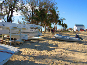 Tied to the dinghy rack at Governors Harbour