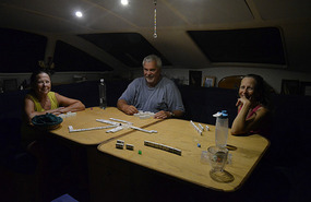 Enjoying Mexican Train Dominoes with Joan and John