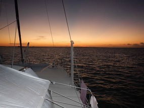 Wally enjoys sunrise at Abraham's Bay anchorage