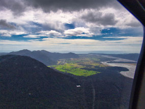 Helicopter view toward town