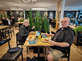 Ran & cousin enjoying hotel's buffet breakfast