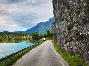One-lane road along Lake Lovatnet