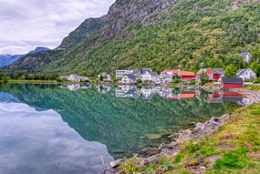 tiny town of Hjelle on Oppstrynsvatnet Lake