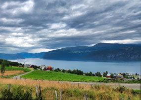View of Utvik & Innvikfjord driving up mountain