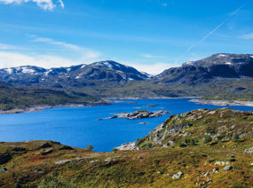 way up high - snowcapped mtns, blue lakes