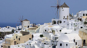 views from Castle ruins of Oia's Windmills