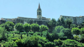Hill-top church view from bus