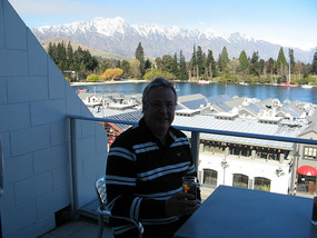 Rocket on the balcony of our room in Queenstown