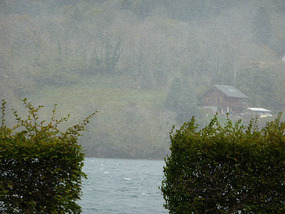 Snow storm on lake from MH window