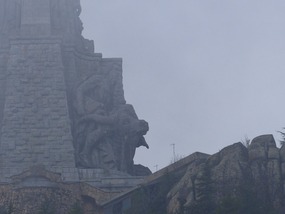  Saint's statue at base of Cross-in mist