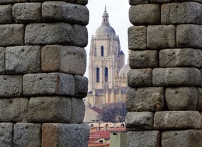 cathedral tower through the Aqueduct-Segovia
