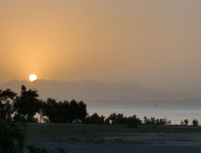 Sunrise - Lake Elsinore from camper.  Dusty!