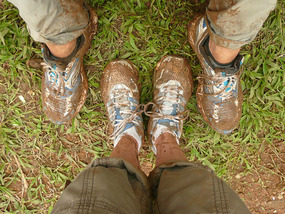 Our muddy shoes halfway through the hike