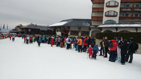 The line to board the gondola on Day 1