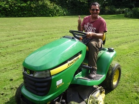 The Don mowing the front lawn