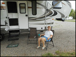 Valerie relaxing at our campsite